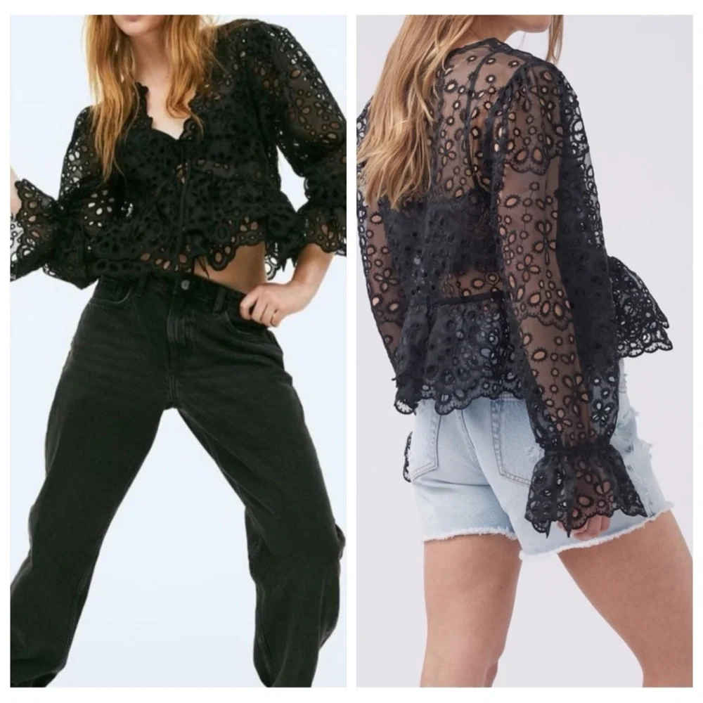 H&M Top Womens size XL Elegant Black Lace Embroidered eyelet Front tie Blouse‎